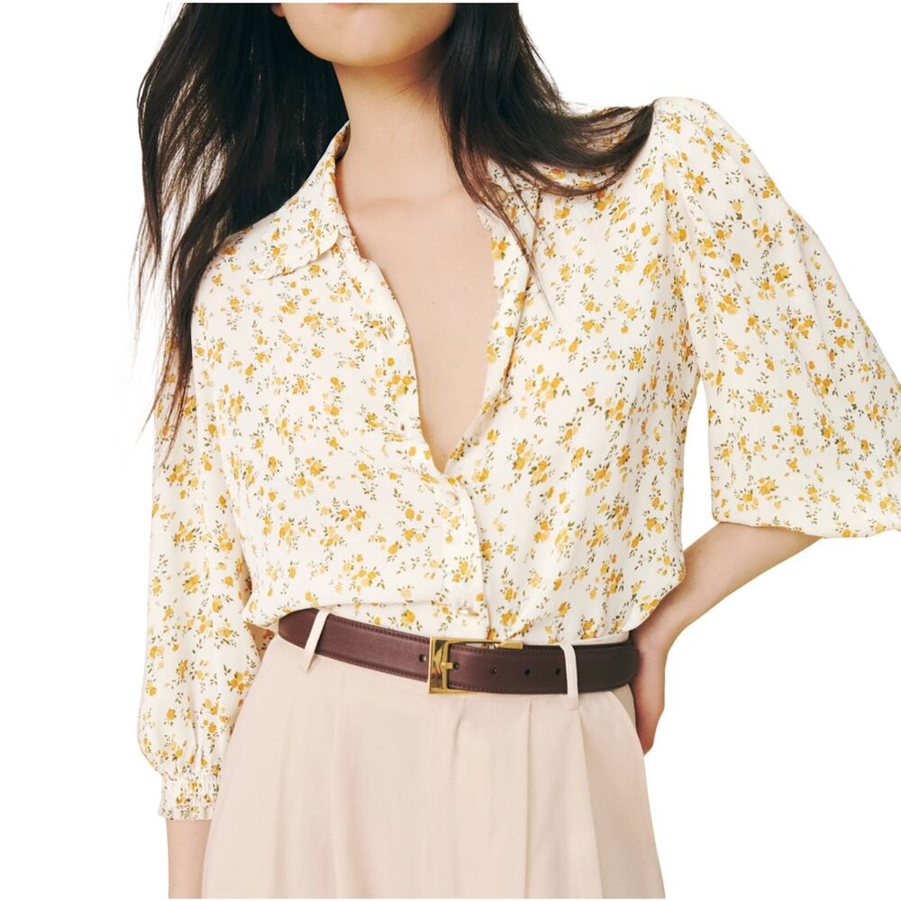 Reformation Floral Beige Tansy Blouse Size S